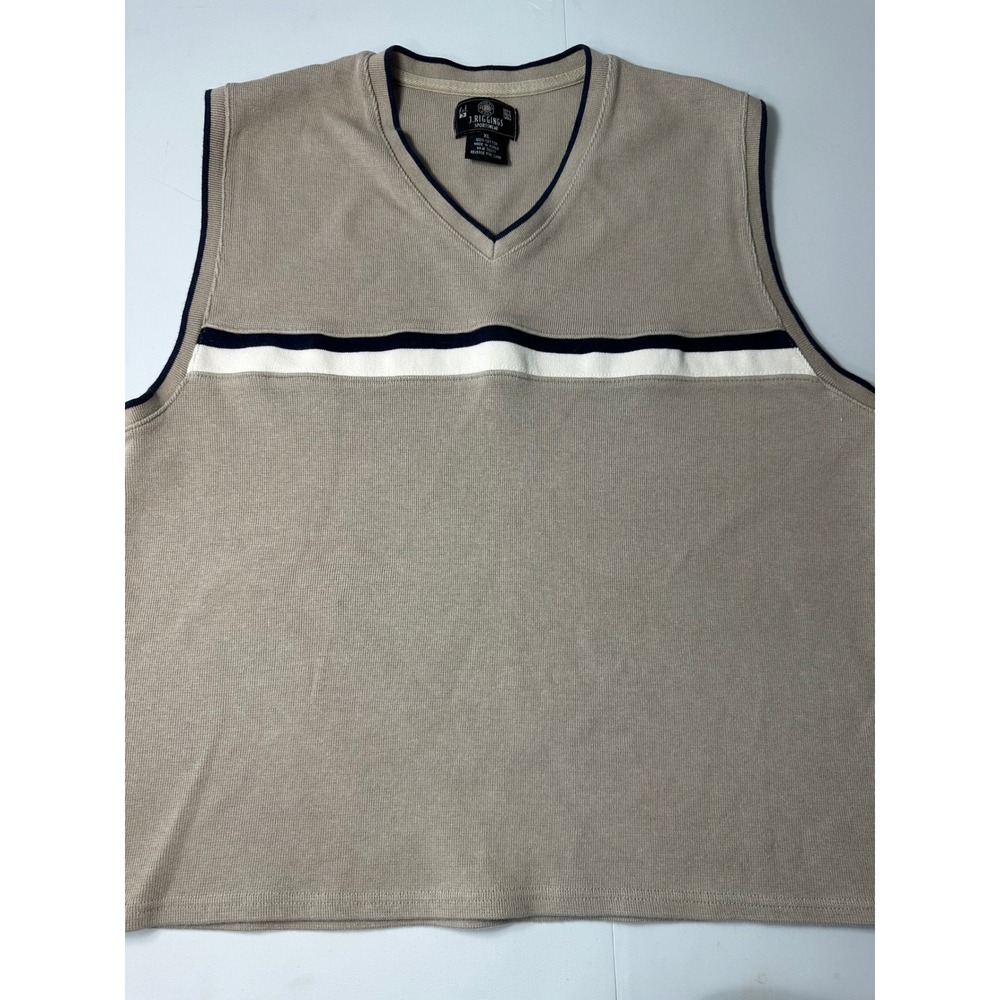J Riggins Sportswear Mens XL Tan Cotton V-Neck Knit Sweater Vest Navy Stripe